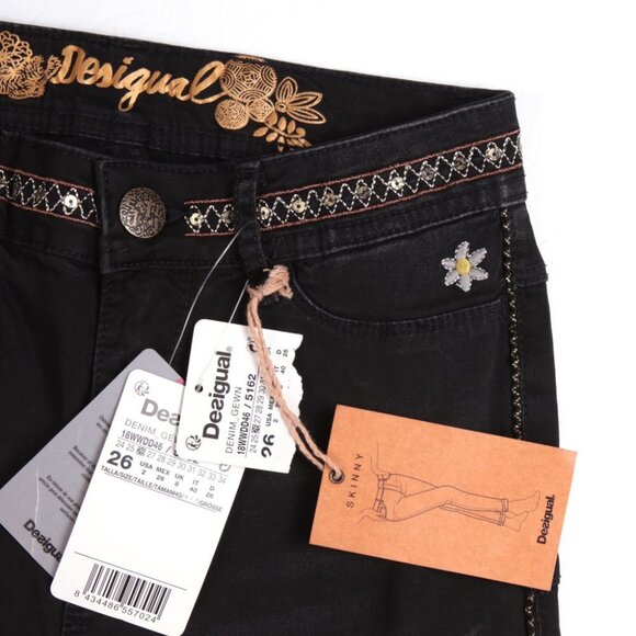 Desigual Exotic Hi-Rise Jeans Lightweight Embroidered Denim Black NEW READ - Picture 6 of 12
